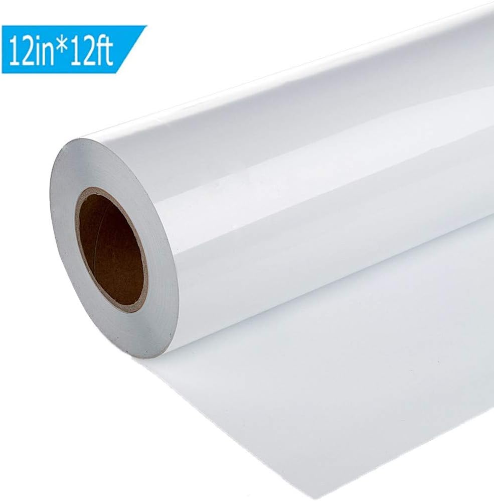 Heat Transfer Vinyl Roll, Matte HTV Vinyl for T-Shirts 1 Roll Vinyl Heat Transfer Iron On DIY Garment Film Cricut Silhouette Paper Art (White - 12in x 12ft)