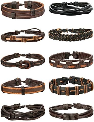 Mlicalato 10-12Pcs Braided Leather Bracelet for Men Women Cuff Wrap Bead Bracelet Adjustable Black and Brown
