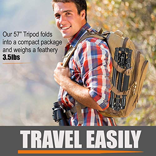 Professional Camera Tripod & Monopod – Portable Tripod Stand with 360° Ball Head – 57” DSLR Tripod for Video – Lightweight Aluminum Travel Tripod - Thumbnail 2