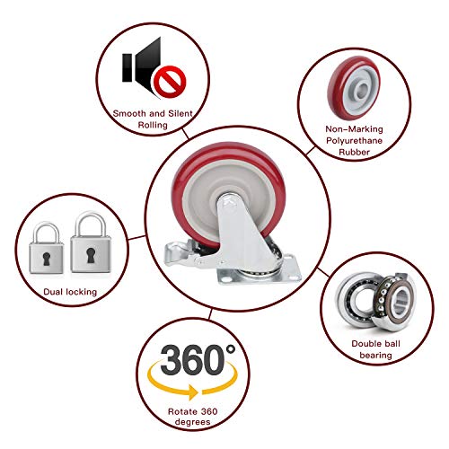 SPACECARE 4 Pack 5 Inch Swivel Red Casters 1420Lbs Heavy Duty Polyurethane Wheels with Brake Safety Dual Locking No Noise Wheels Lockable Anti-wear Smooth Casters - Thumbnail 2