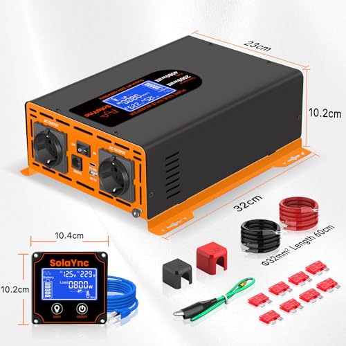 SolaYnc 2000W/4000W 12V 220V/230V Pure Sine Inverter DC AC Sine Wave Inverter, with LCD Display, Remote Control, 2 EU AC Sockets, Type-C 30W Interface and USB Port, for Cars, Boats, Trucks
