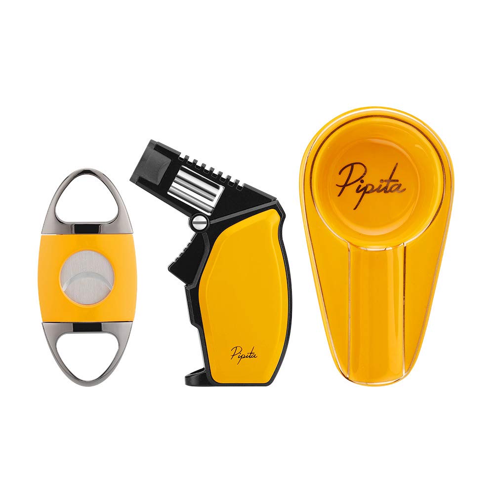 PIPITA Cigar Lighter Gift Set, Single Jet Blue Flame Torch Lighter & Cigar Cutter and Cigar Ashtray Set, Windproof Butane Refillable Torch Gas Lighters (Without Gas) — image 1