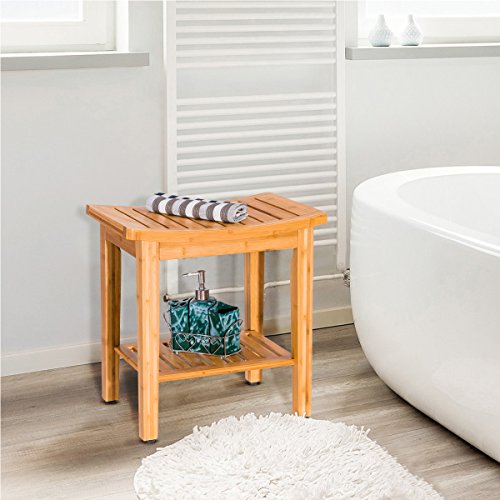 Giantex 18'' Bamboo Shower Bench Seat w/ Storage Shelf Bathroom Seat Spa Bath Organizer Stool Perfect for Indoor Outdoor