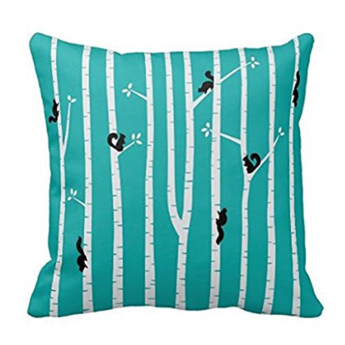 Black Squirrels Climbing Birch Trees on Aqua Pillow case square canvas accent pillow sham 18x18