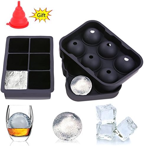 Honfill Ice Cube Trays Baking Cake Molds Sphere Round Ice Ball Maker Large Square Silicone Combo Molds for Chilling Burbon Whiskey Cocktail Beverages and More - Reusable and BPA Free(2/Pack)