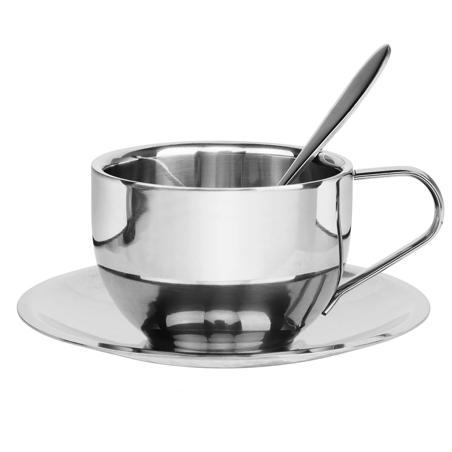 ITODA Stainless Steel Coffee Tea Cup Set Double Walled Insulated Coffee Mug 200ml Espresso Cup Cappuccino Tea Milk Cup with Saucer and Spoon for Home Dining, Bar, Office and Tea House