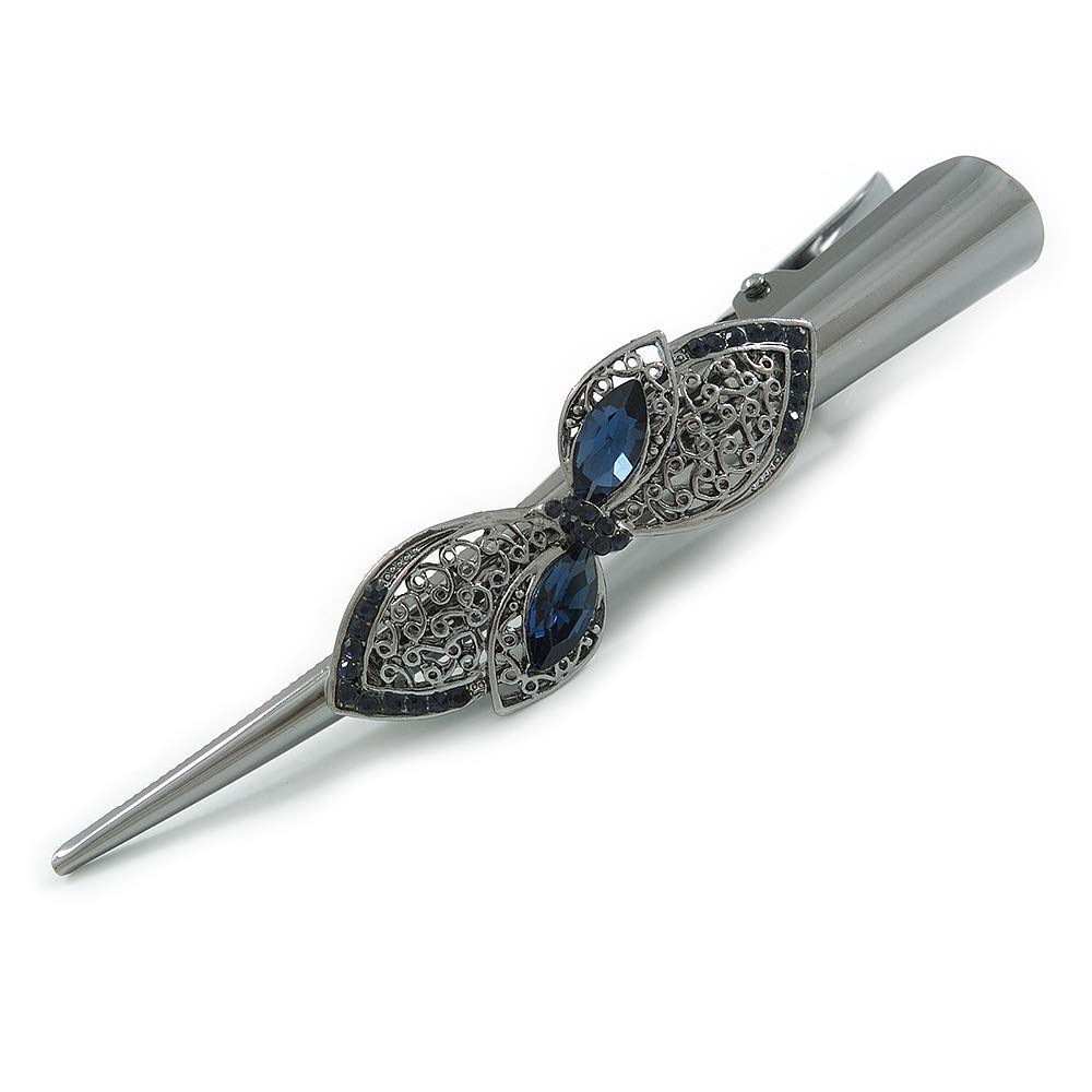 Large Midnight Blue Crystal Floral Hair Beak Clip/Concord Clip In Black Tone - 13cm L