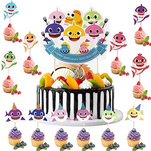 25 Pieces Shark Cake Topper for Baby Shark Birthday Party Supplies Cupcake Decorations