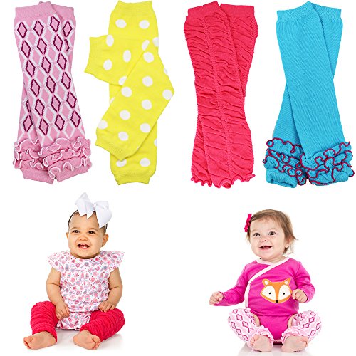 juDanzy 4 Pack Baby and Toddler Leg Warmers for Boys and Girls (One Size, Bright Ruffle)