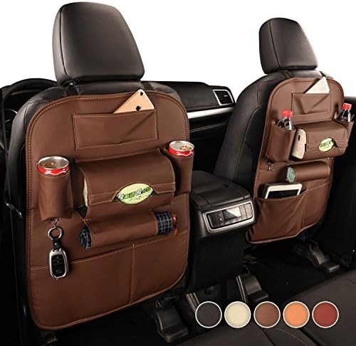 Car Seat Back Organizer, Premium Quality PU Leather Auto Interior Baby Travel Accessories with Wet Wipes Tissue Compartment Storage Bottles Pockets Multi-Pocket Bag &amp; Kids Kick Protectors (Cofee)