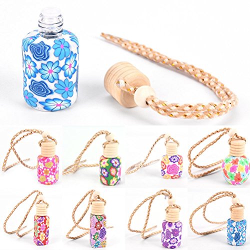 CosCosX 6Pcs Car Perfume Bottle Empty Refillable Fragrance Aroma Oil Container Holder Floral Art Printed Hanging Ornament Car Air Freshener Purifier Perfume Diffuser,Car Interior Decoration