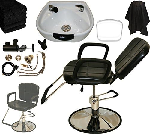 LCL Beauty Reclining Hydraulic Cutting &amp; Shampoo Barber Chair &amp; White Heart Shaped Ceramic Bowl w/ 6 Black Absorbent Salon Quality Towels
