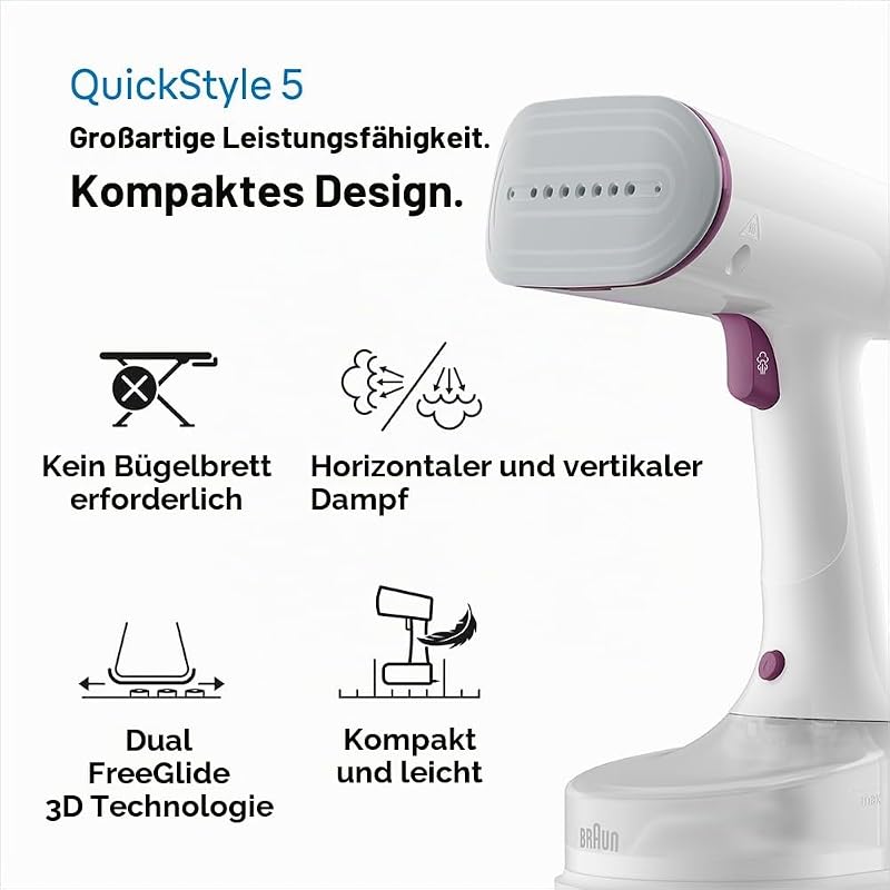 QuickStyle 5 GS5011PU Dampfglätter, Dual FreeGlide 3D Technologie, FastSteam Technologie, Steamer, Dampf 22 g/min, Wassertank 150 ml, 2,5 m Kabellänge, in 45 Sekunden bereit, 1200W, Weiß/Violett