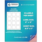 Premium Label Supply White Sticker Square Labels with Bleed – 2" x 2" – Laser/Inkjet Compatible – (12 per Sheet), 25 Sheets – 300 Total Adhesive Labels