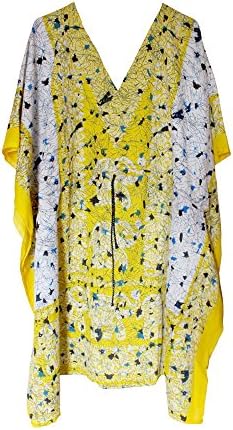 Short Yellow Elephant Printed Kaftan Women's Free Size Top Poncho Dress Beach Cover Up Mini Dress