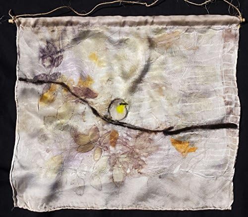 Silk and felt Wall Art. Created with ECO-printed silk, Alpaca hair, hand felted bird on limb, All natural designs &amp; colors from Nature by artist