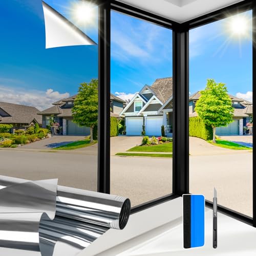 Zindoo Anti-Glare Anti-Heat Window Film 44.5 x 200 cm Good Mirror Effect Anti UV with Installation Kit Privacy Protection Sun Protection for Windows, Home, Office, Balcony, Shop