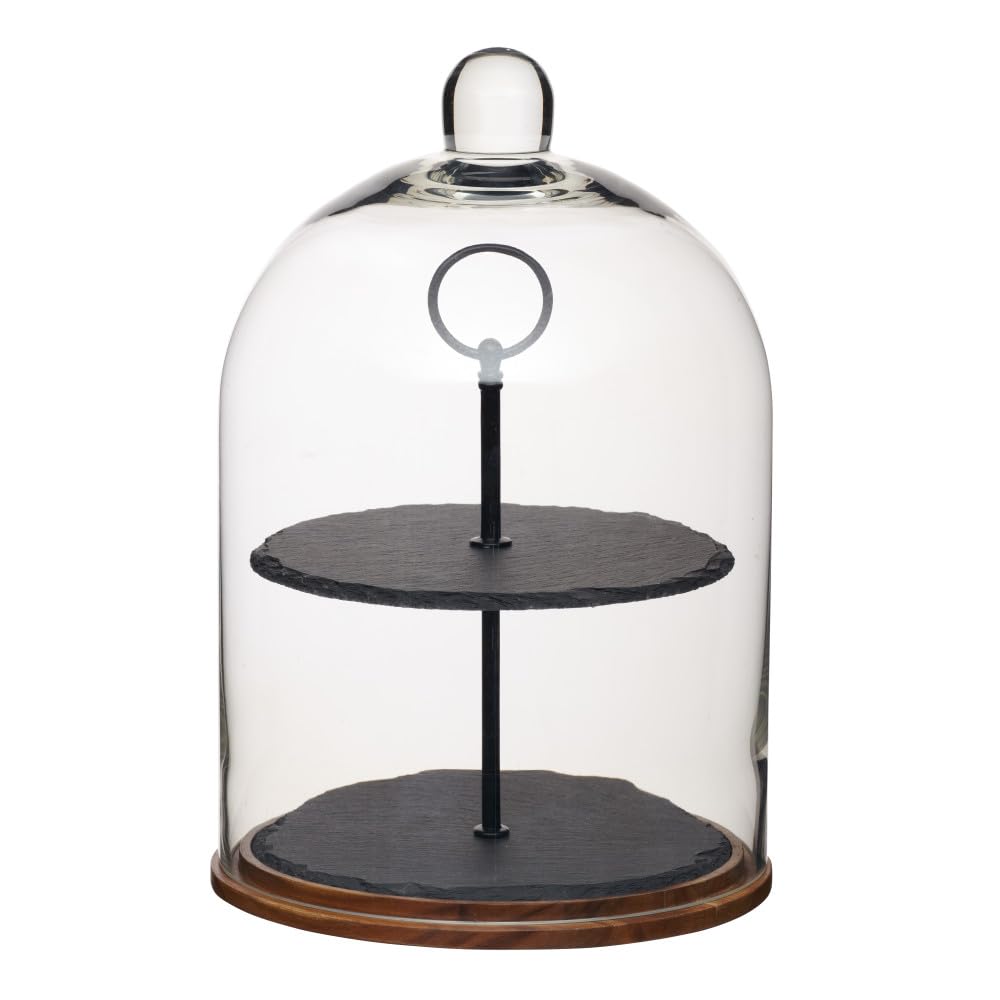 Artesà 2-Tier Serving Stand/Cake Dome, Glass Cloche Food Display Cover / Storage with Tiered Slate Platters and Wooden Base, 22 x 31 cm - Black/Clear Glass/Wood