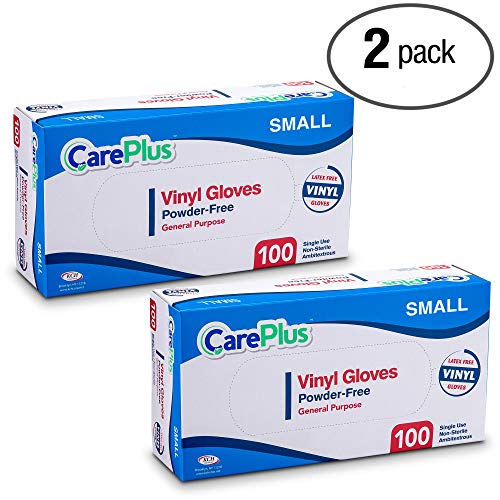 Care Plus Disposable Vinyl Gloves, Powder Free, Clear, Latex Free, Allergy Free, Small, 100 Gloves In A Box Pack Of 2