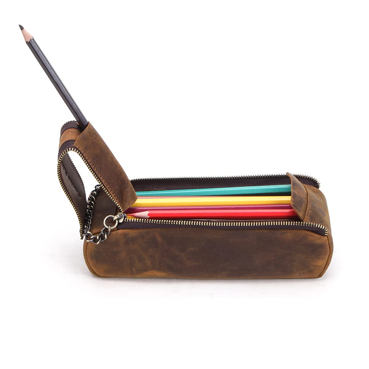 Hiram Leather Pencil Case Portable Dual Zippered Open Pen Box High Capacity Vintage Stationery Case Pencil Organizer Bag for Students, Professionals and Artists