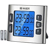 Habor Kitchen Timer, Cooking Dual Timer with Calendar Clock, 4-Level Adjustable Alarm Volume, Larger Backlit Display, Stronger Magnets, Count-up & Countdown for Cooking etc (Battery Included)