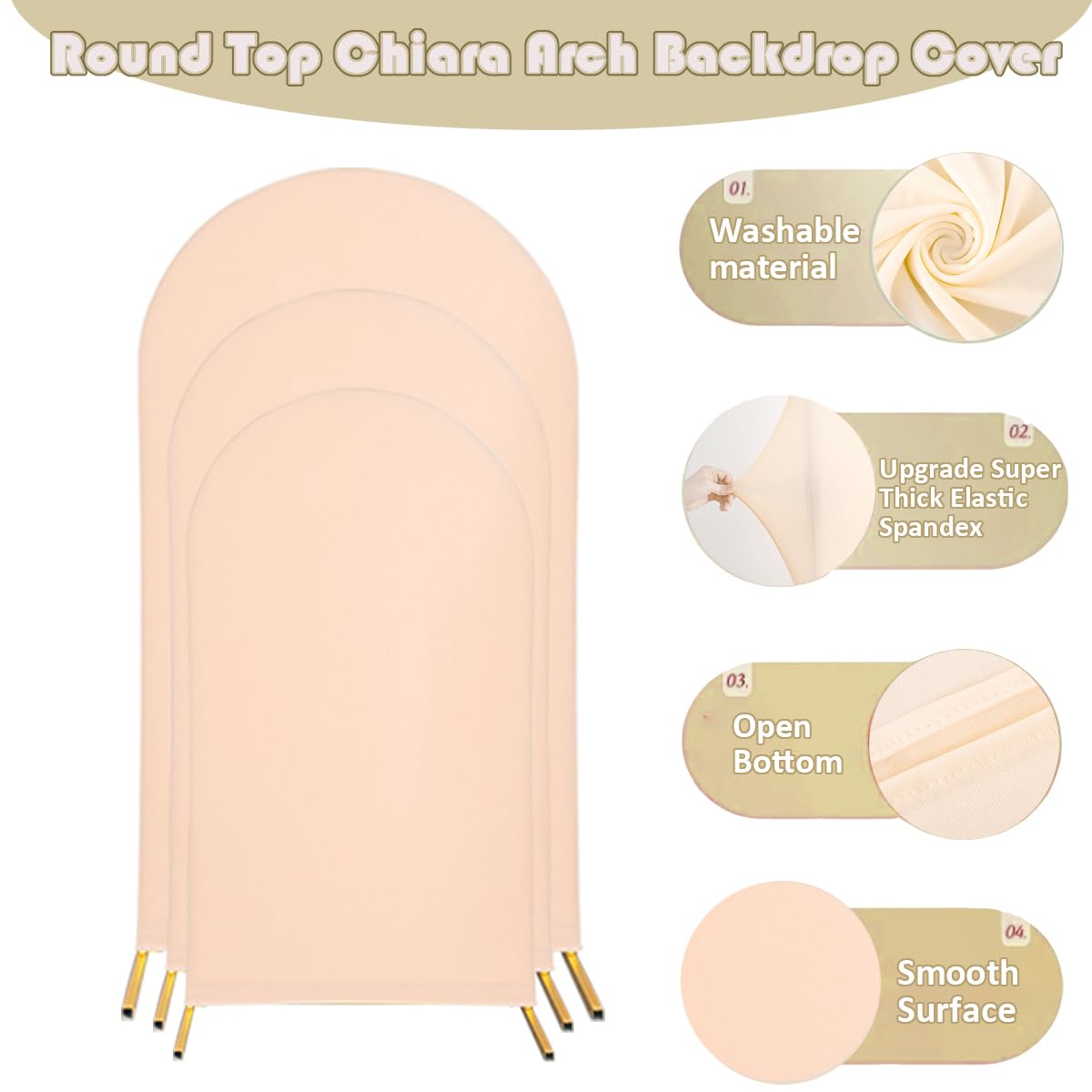 Chiara Wedding Arch Cover Set - 4.9FT, 5.9FT, 6.6FT Spandex Fitted Covers for Round Top Backdrop Stand - Set of 3 for Party, Birthday, Banquet Decoration - White