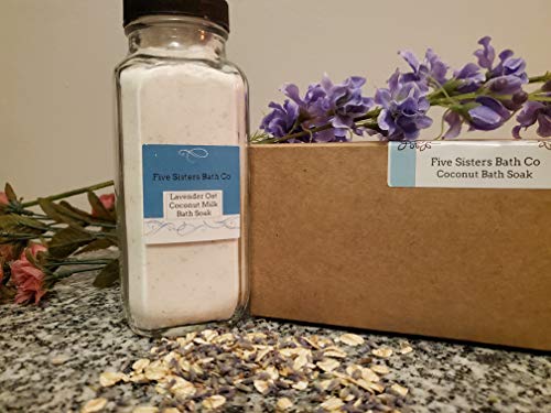Hydrating Lavender Oat Coconut Milk Salt Bath Milk Soak by Five Sisters Bath Co | 100% Natural Coconut Milk Mineral Bath Salts for Soaking | Coconut Milk 8 Oz Glass Jars Salt Scrub | Vegan and Cruelty