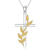 LWXIE Diamond Leaf and Cross Pendant Necklace for Women 925 Sterling Silver Lab Grown Diamond Jewelry Gifts 0.05 cttw D Color VVS Clarity