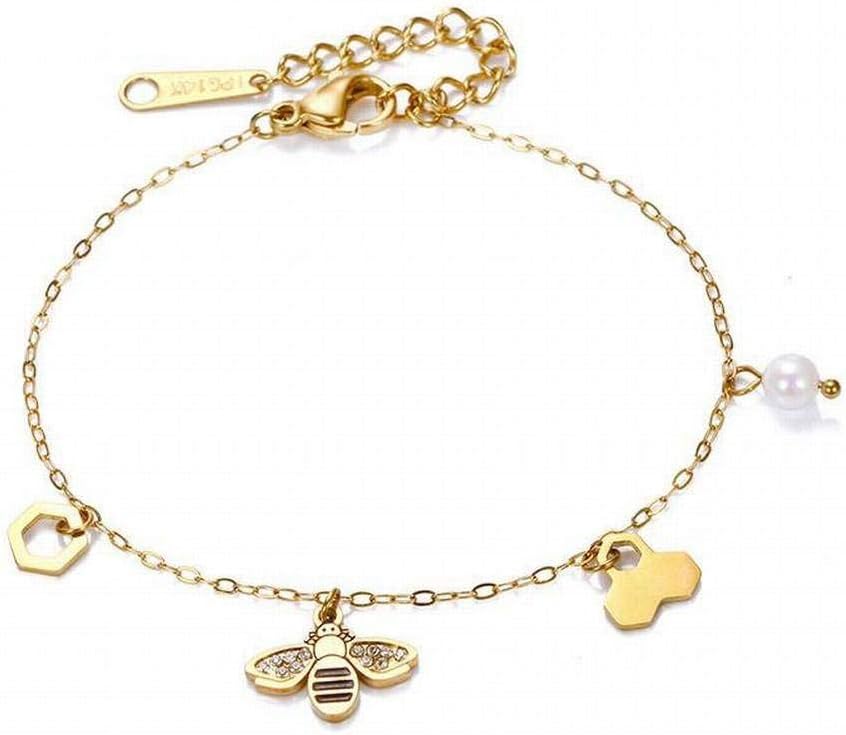 Female Charm Bracelet Vintage Rose Gold Creative Stainless Steel Bee Bracelet Fashion Pearl Bracelet, Gold, One Size