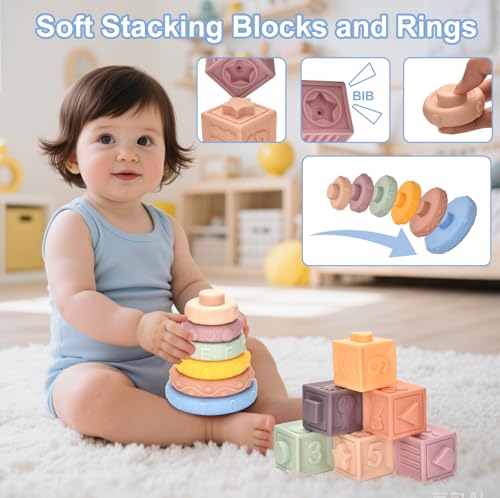 Baby Toys 6 to 12 Months,6 in 1 Montessori Toys for Babies 6-12 Months,Sensory Toy Babies Stacking Blocks Rings,Infant Teething Toy Cups Tissue Box Toy for 6 8 9 12 Months Boys & Girls Baby Gift