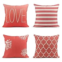 Tarolo Prime Key Out Love to Your Lover On Coral Pink Elegant and White Stripes Beach Trees Personalized Coral Quatrefo Linen Throw Pillow Cover Case 18" x 18" Set of 4 Square Pillowcases One Sided
