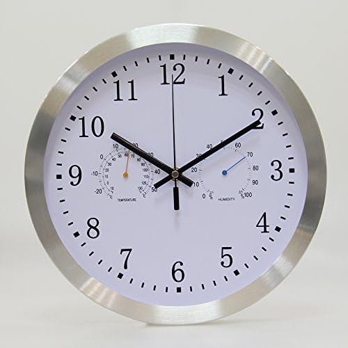 VSENCE Silent Non-ticking Quartz Wall Clock with Thermometer and Hygrometer Aluminium Indoor Decor Clock 12 Inch, Silver