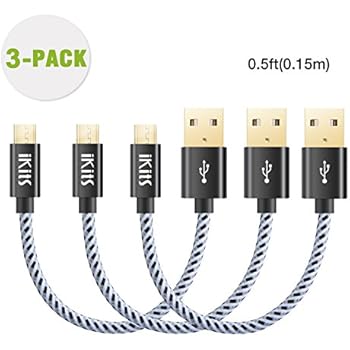 iKits Short Micro USB Cable Nylon Braided High Speed Durable Sync and Charge Cord Compatible with 4K TV Sticks, S7, HTC, LG. Metal Plug & Mixed Color Cotton Jacket, USB 2.0 A Male to Micro B [3-Pack]