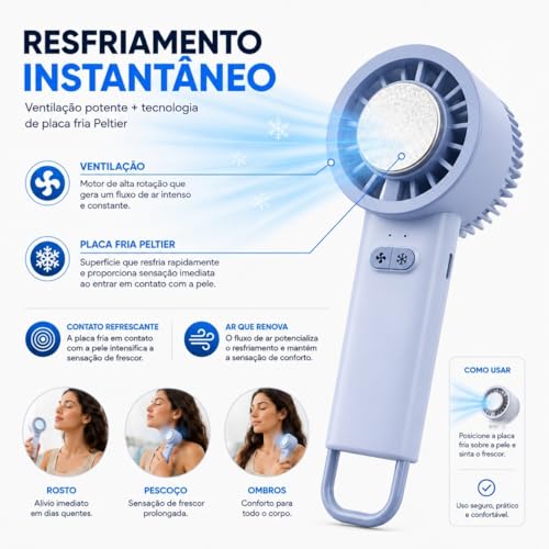 Ventilador Portátil Recarregável Peltier USB-C Sem Fio 10W Silencioso Mini Ventilador de Mão e Mesa Bateria 3.7V Ideal para Viagem Escritório e Uso Pessoal (Azul)
