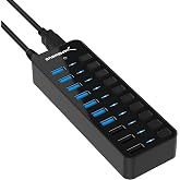 SABRENT 10-Port Powered USB 3.0 Hub, 3 Charging Ports, 60W (HB-B7C3) | Individual power switches &amp; LEDs; for PC, Mac, Xbox, PS5, laptop, desktop