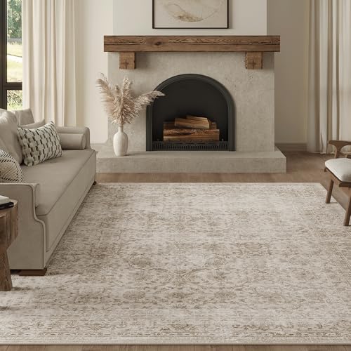 Fmfunctex 9x12 Washable Area Rug Beige Vintage Neutral Distressed Large Non Slip Carpet for Living Room Bedroom Soft Low Pile Indoor Retro Tapis Salon Throw Rug for Dining Room Kitchen Office Nursery