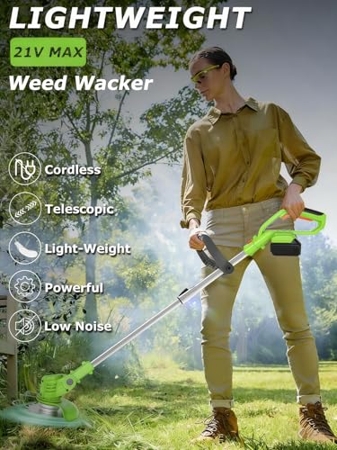 ASZSUSL Cordless Weed Wacker,Lightweight 21V Battery Operated Electric Weed Wacker with 2 Battery,3-in-1 Stringless Grass Trimmer/Weed Trimmer/Grass Cutter,Lawn Trimmer Cordless for Yards Garden