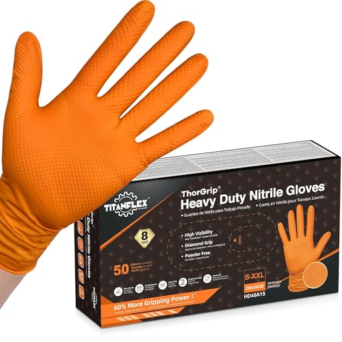 TitanFlex Thor Grip Heavy Duty Industrial Orange Nitrile Gloves with Raised Diamond Texture, 8-mil, Latex Free, Powder Free