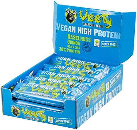 Veety - Vegan High Protein Bar 30% Hazelnut - Superfood (Goji, Quinoa, Chia) Rice Hemp Protein Vegan Natural Raw Made in Bavaria, 15 x 48g