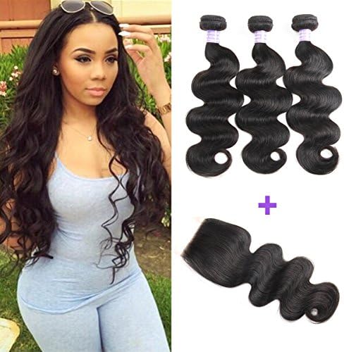 AMZTMY Brazilian Virgin Hair Body Wave 3 Bundles With Free Part Closure 100% Unprocessed Hair Extensions Remy Human Hair Weft Weave With 4ร4 Lace Closure Natural Color (10 12 14+10inch Free Part)