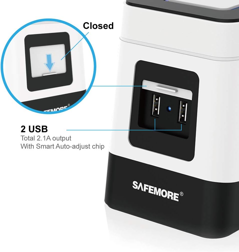 SAFEMORE USB Surge Protector Power Strip Tower with 2 USB Charging Station, 3 Power Outlet and 6.5Ft Extension Cord Power Tower for Nightstand Accessories, Tabletop, Game, Smartphone, White & Black - - 