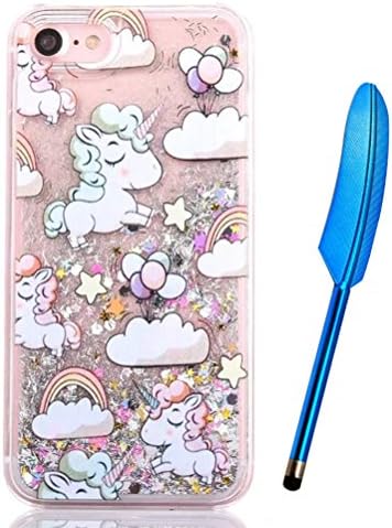iPhone 7 Glitter Case, iPhone 7 Liquid Case, Cute Lovely Cartoon Unicorn Rainbow Cloud Balloon Design, Edaroo Sparkle Flower Petals Stars Quicksand Moving Luxury Bling Glitter Floating Dynamic Flowing Transparent Hard Case Cover for 4.7 inch iPhone 7 with Free Stylus