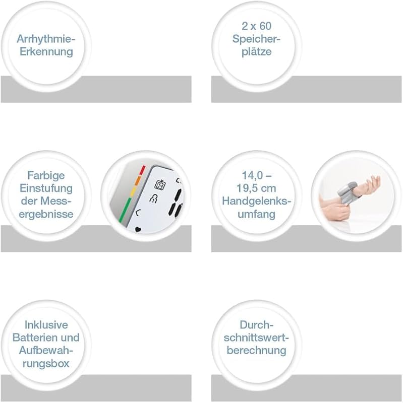 SBC 15 Handgelenk-Blutdruckmessgerät, vollautomatische Blutdruck und Pulsmessung, Warnfunktion bei möglichen Herzrhythmusstörungen