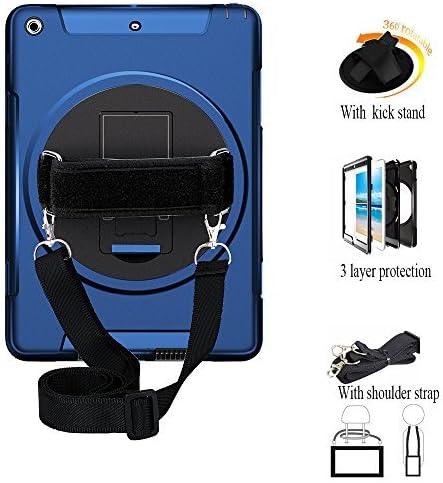 iPad 2017 9.7 Inch Case, Heavy Duty Triple Layer Rugged Shockproof Protective Case with 360 Degree Swivel Kickstand Hand Strap Shoulder Strap for iPad 5th Generation 2017 9.7, Model A1822/A1823, Blue