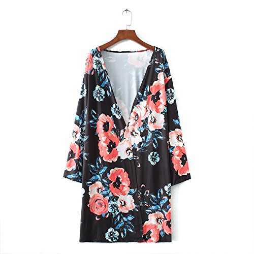 BB&KK Flower Chiffon Shawl Kimono Cardigan Coats Jackets Cover up Blouse Tops (L, Black)