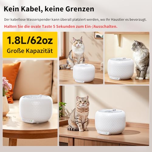 Wireless Water Fountain for Cats and Small Dogs, 1.8L Capacity, 5200mAh Rechargeable Battery, Ultra-Quiet Pump, 2 Flow Modes, Automatic Pet Water Dispenser
