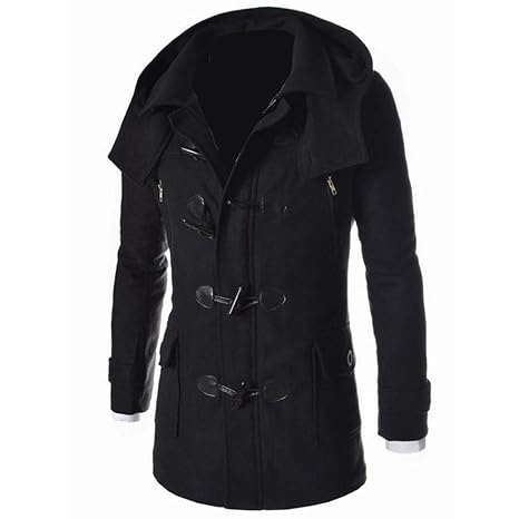 LEEDY Herren Parka Lange Winterjacke Dufflecoat Mit Horn Schnalle Kapuzenjacke Outwear Trenchcoat Winterjacke Mit Taschen Kap