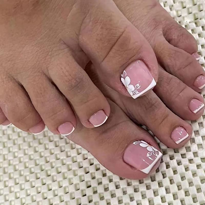 Vatocu French False Toe Nails Pink White Fake Toenails Flowers Press on Toenails Lines Acrylic Stick on Foot Nails for Women and Girls (24pcs）