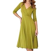 Azhong Women's Deep V Neck 3/4 Sleeve Ruched Midi Dress Elegant Pleated Cocktail Party Flowy Dress