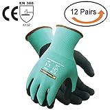 TARANTULA Nitrile Coated Safety Work Gloves for General Purposes, Lightweight Work Gloves, 13 Gauge Mint Green Polyester Shell, Black Sandy Nitrile on Palm and Fingers, 12 Pair Per Pack